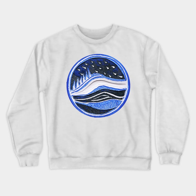 Lake District Linocut Collage in Blue and White Crewneck Sweatshirt by Maddybennettart